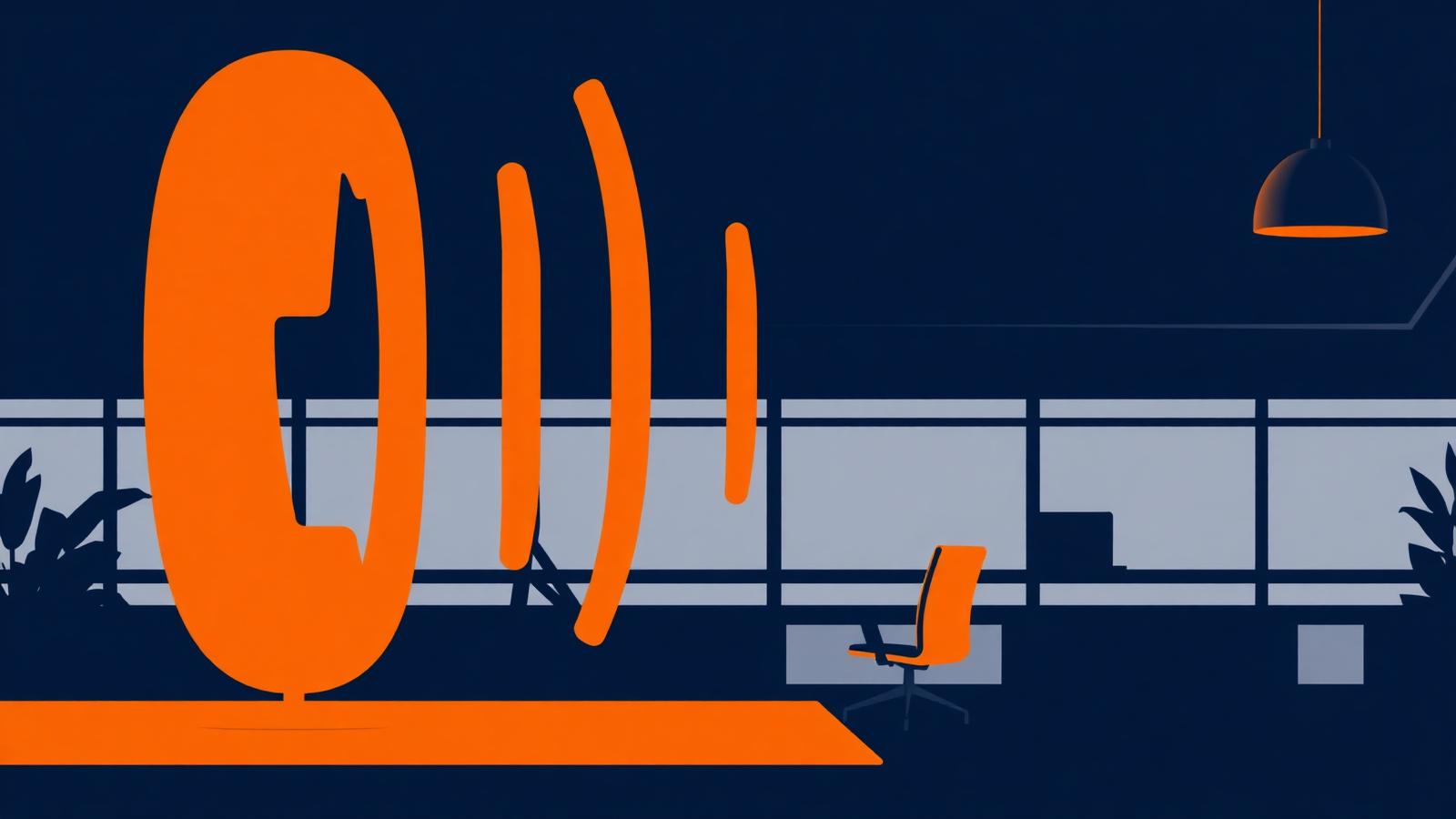Ondes sonores stylisées évoquant un assistant vocal IA dans un bureau moderne