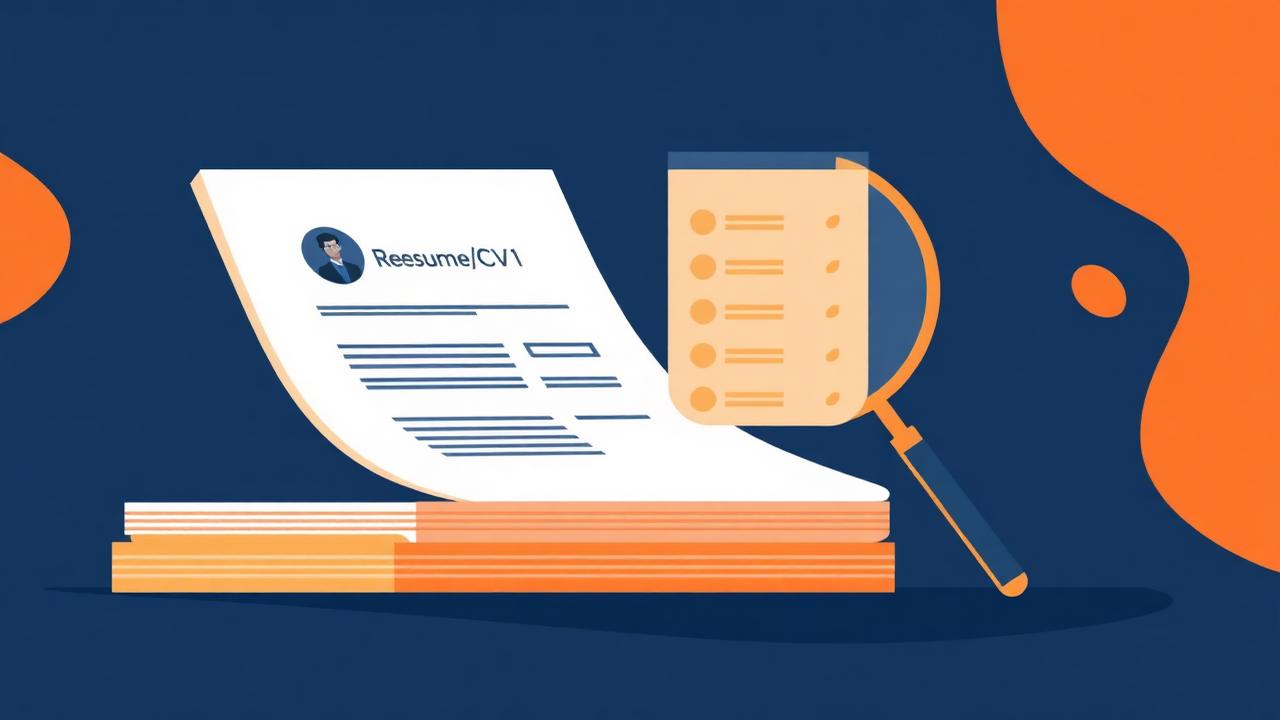 Pile de CV avec une loupe stylisée et une liste de candidatures classées par pertinence
